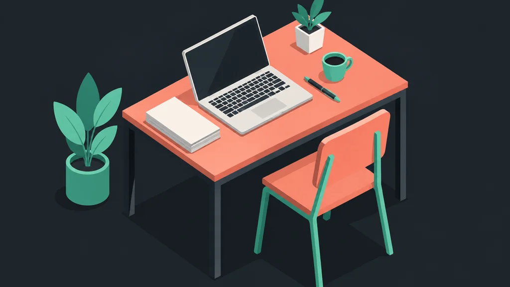 Flat isometric editorial desk with laptop and papers