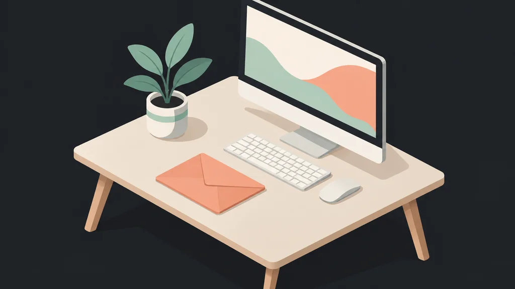 Isometric desk with envelope, screen and plant