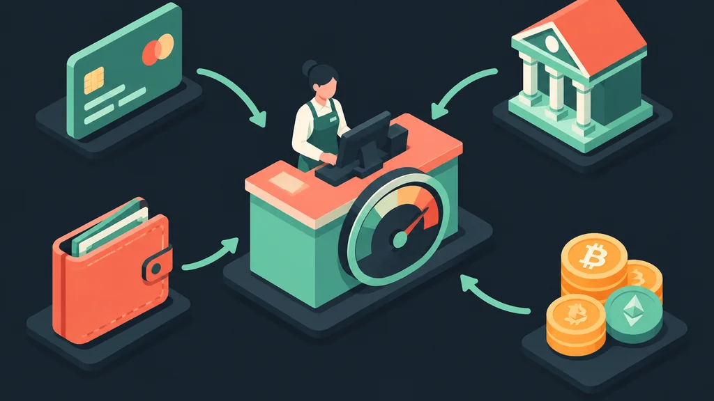 Isometric scene of payment methods feeding a cashier counter