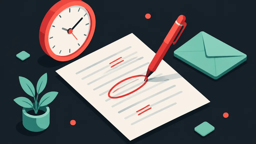 Red pen correcting paper with clock and envelope