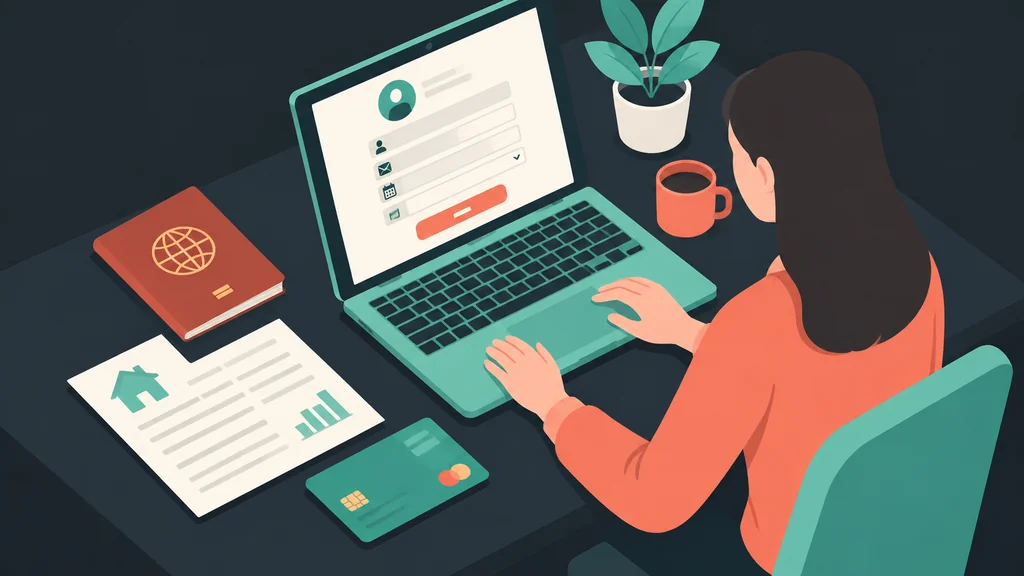 Isometric person completing registration with identity documents nearby