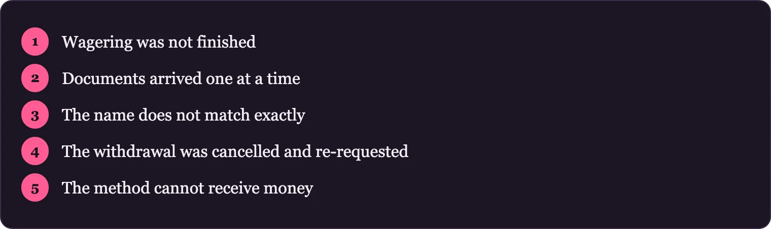 Five ordered steps listing common causes of payout delay